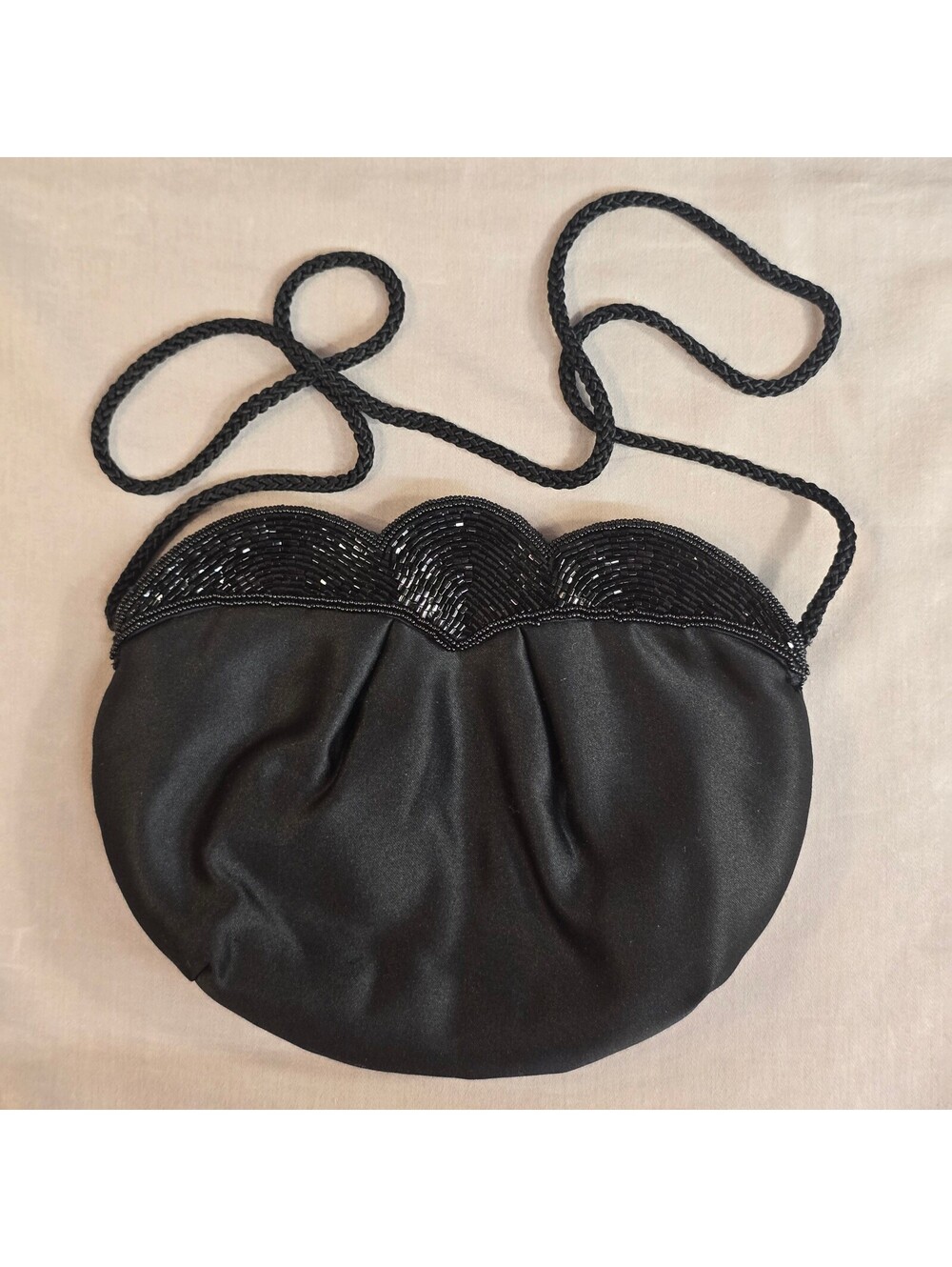 Chadwyck Vintage Black Satin Beaded Scalloped Evening Crossbody Bag Clutch